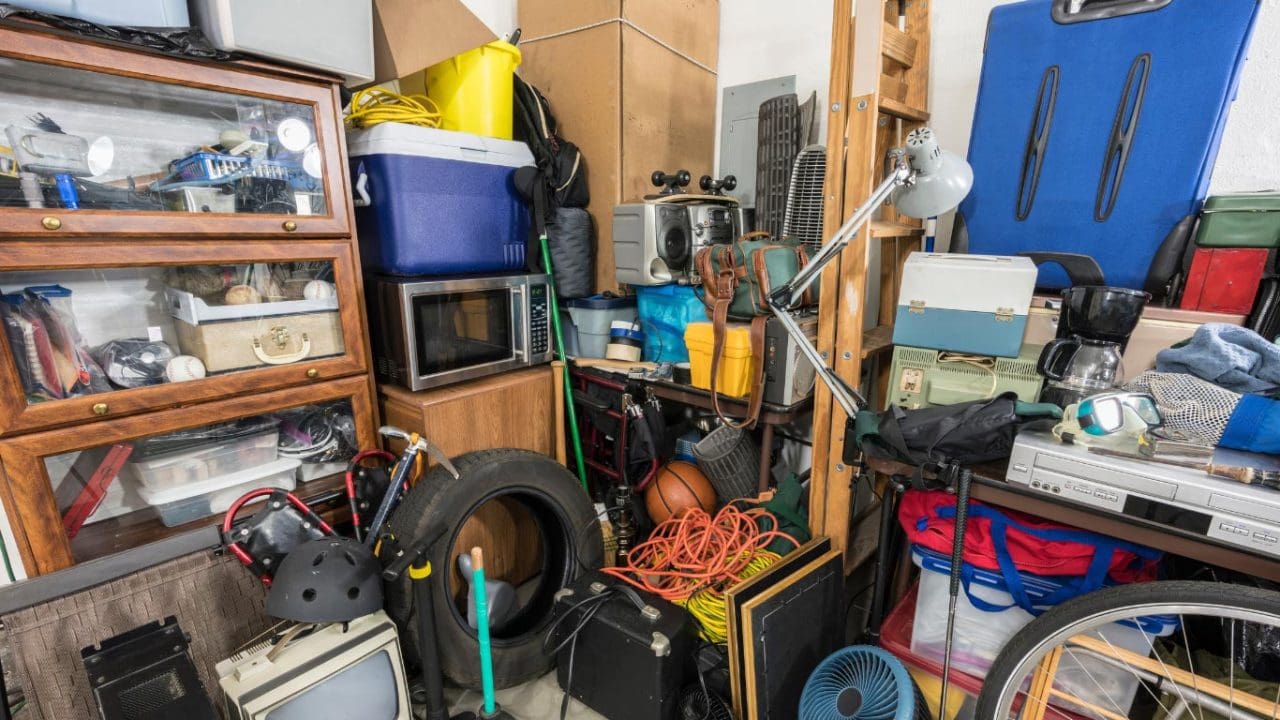 cluttered garage space 